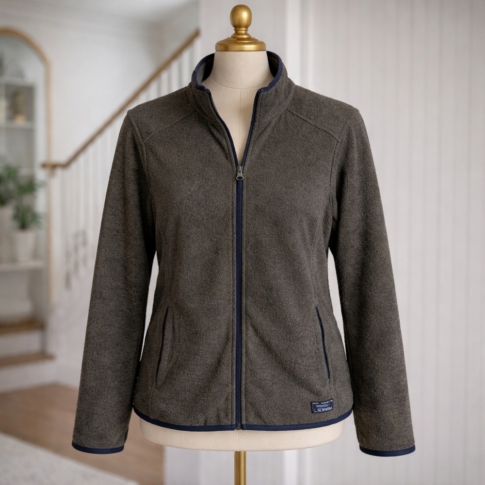 𝅺LL Bean Fleece Grey Full Zip Sweater Medium